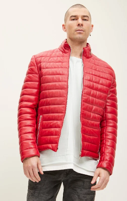 men's wool peacoat with pocketsLambskin Leather Puffer Jacket - Red