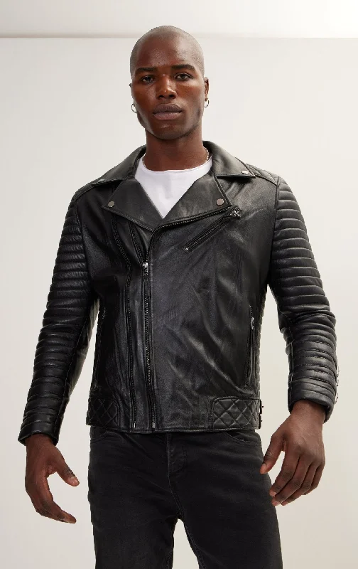 men's padded bomber jacket with pocketsCuff Buckles Quilted Leather Moto Jacket- Black