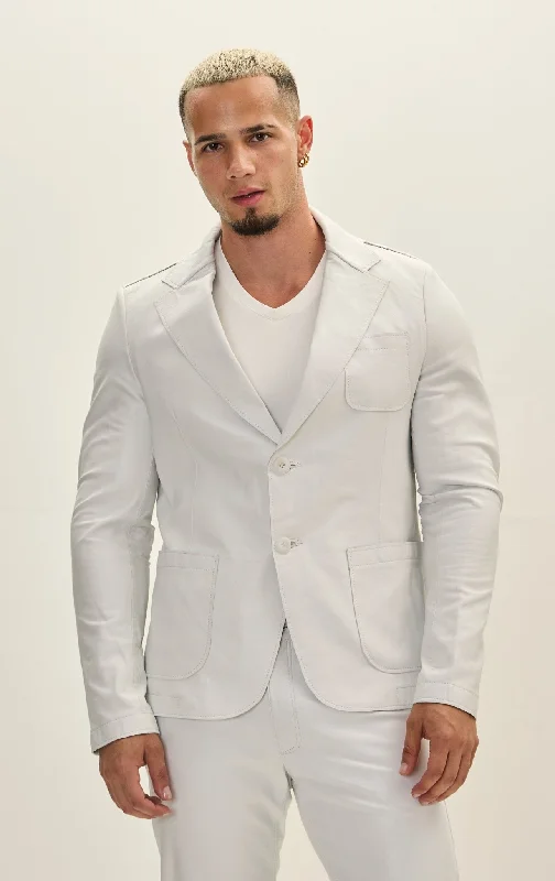 men's leather jacket with snap buttonsClassic Two-Button Leather Blazer - White