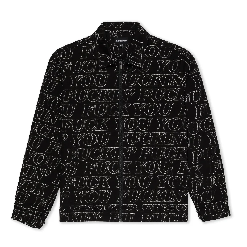 men's shearling coat with zippersFuckin Fuck Quilted Work Jacket (Black)