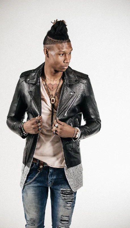 men's bomber jacket with adjustable sleevesCroc Embossed Zippered Moto Jacket - Black