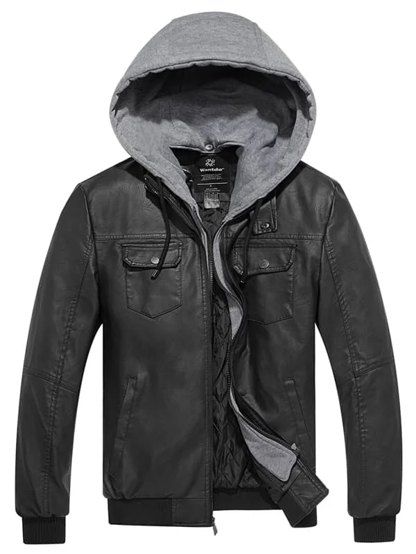 men's leather jacket for motorcycle ridingMen's Faux Leather Jacket Moto Jacket with Removable Hood