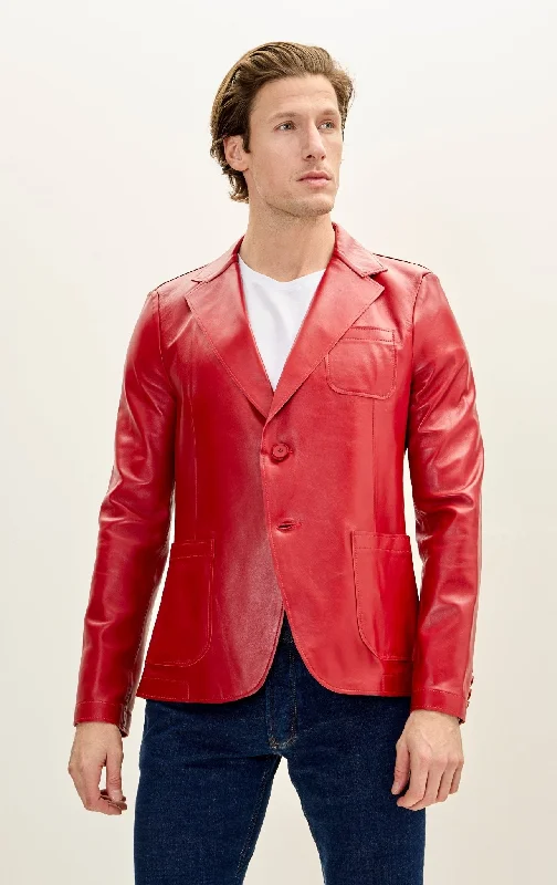 men's tailored wool coat with beltClassic Two-Button Leather Blazer - Red