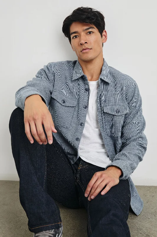men's leather jacket with snap-front closureBURR SHIRT JACKET - DENIM WHITE