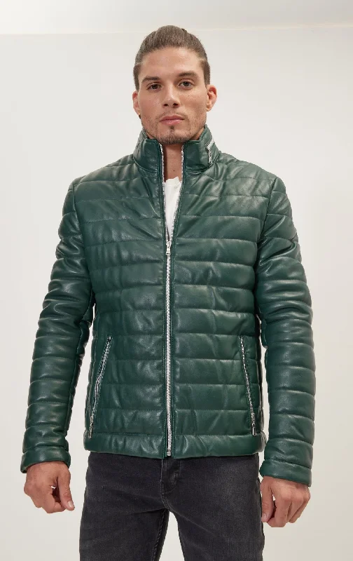 men's insulated winter coatLambskin Leather Puffer Jacket - Green