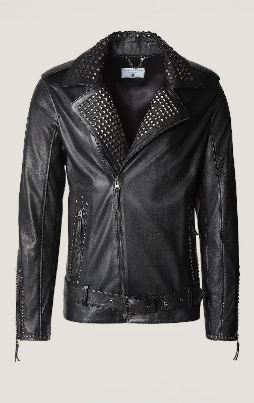 men's padded coat for cold weatherStudded Lambskin Leather Jacket - Black Falcon