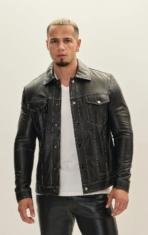 men's fleece-lined denim jacketGenuine Leather Shirt Jacket- Black