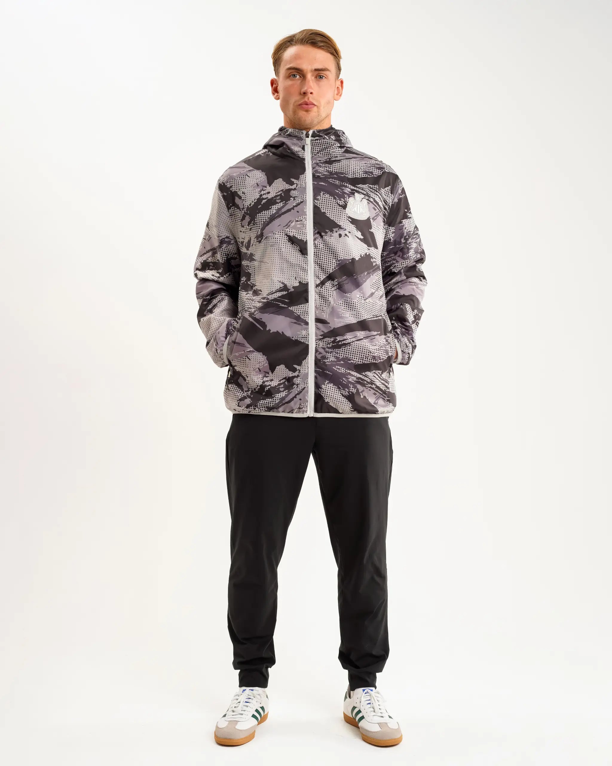 men's peacoat with leather trimNewcastle United Men's Grey Camo Poly Shower Jacket