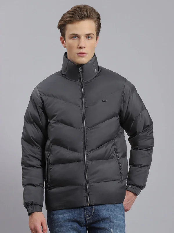 men's peacoat with leather trimMen Grey Solid Hooded Full Sleeve Jacket