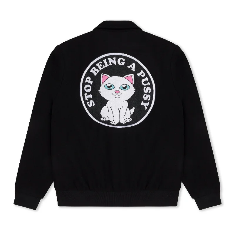 men's shearling-lined coatStop Being A Pussy Varsity Jacket (Black)