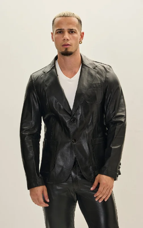 men's military-style jacketClassic Two-Button Leather Blazer - Black