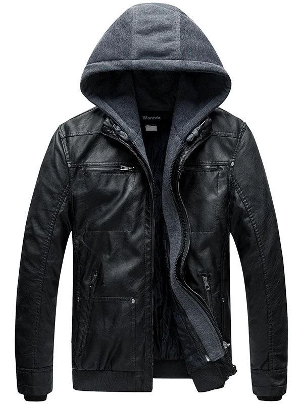 men's fleece-lined parkaMens Faux Leather Jacket with Removable Hood