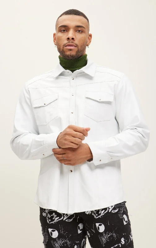 men's denim jacket with patchesGenuine Lambskin Leather Shirt - White