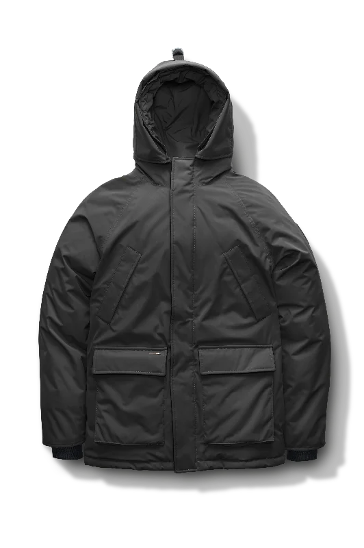 men's denim jacket with leather patchesHeritage Furless Men's Parka