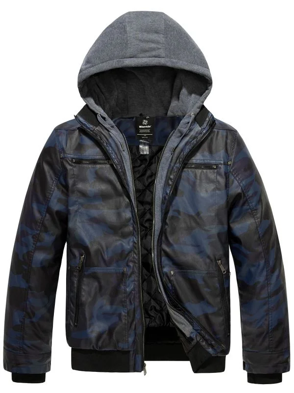 men's insulated hooded jacketMen's Big and Tall PU Faux Leather Jacket Plus Size Motorcycle Bomer Jacket