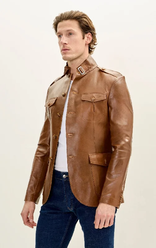 men's wool blazer with liningGenuine Leather Safari Jacket - Brown