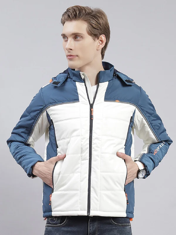 men's down-filled puffer jacketMen Blue Solid Hooded Full Sleeve Jackets