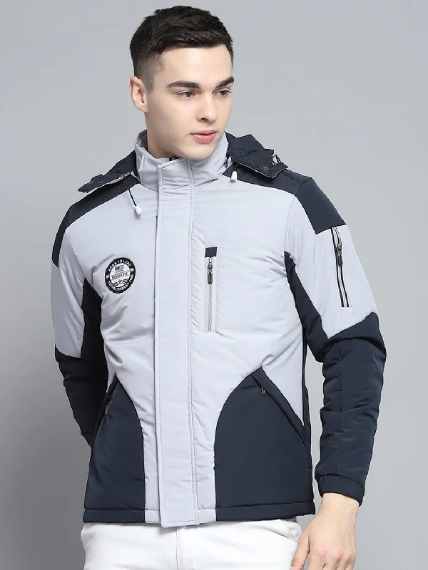 men's padded hooded coatMen Grey Solid Hooded Full Sleeve Jacket