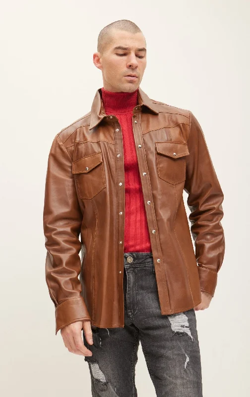 men's casual bomber jacketGenuine Lambskin Leather Shirt - Brown