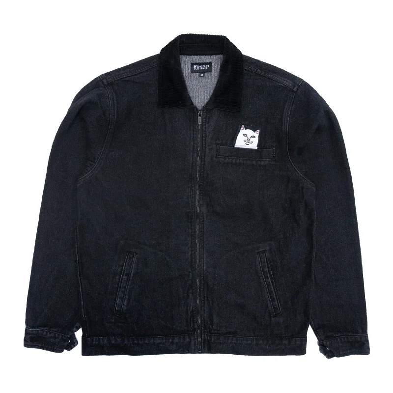 men's parka coat with drawstringsLa Brea Peeking Nermal Work Jacket (Black Washed Denim)