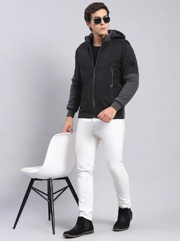 men's bomber jacket with chest pocketsMen Black Solid Hooded Full Sleeve Jackets