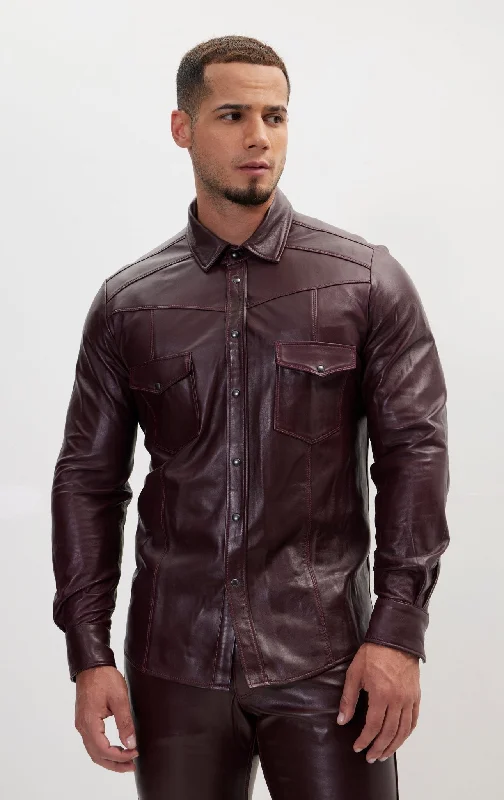 men's fleece-lined denim jacketGenuine Lambskin Leather Shirt - Wine