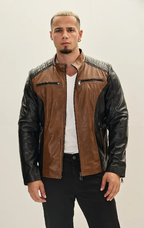 men's leather jacket with embroideryMixed Media Leather Roadster Jacket - Black Whiskey