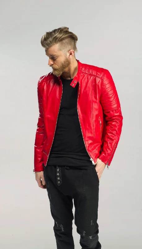 men's fleece-lined denim jacketPiping Detail Sleek Leather Roadster Jacket - Red